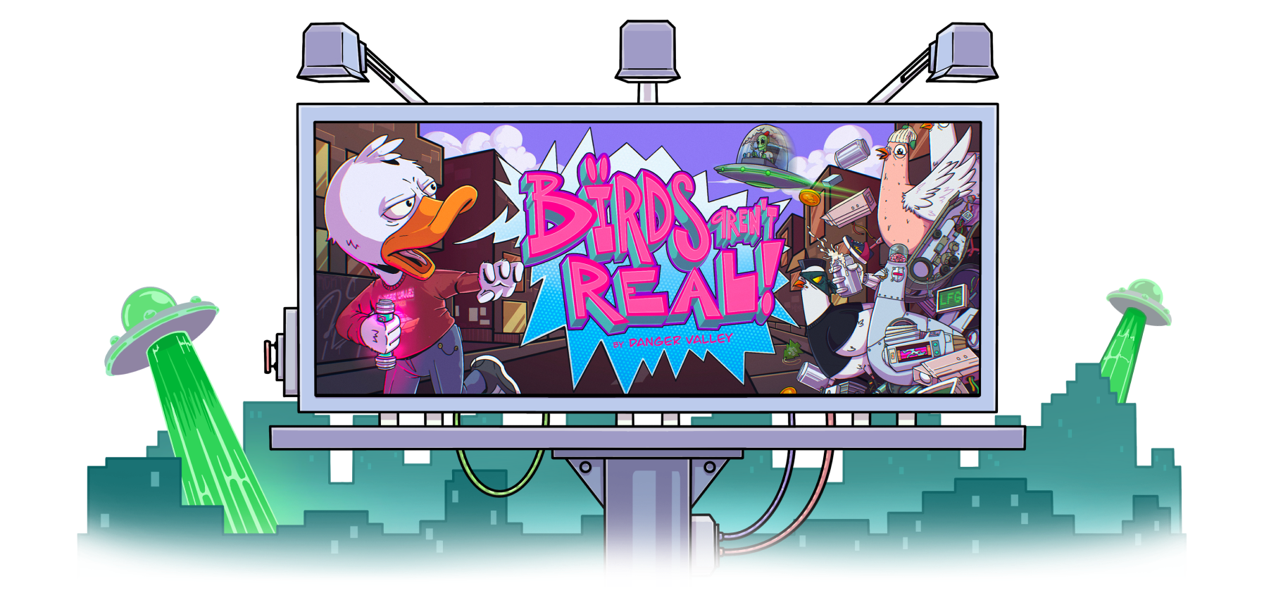 A futuristic billboard advertising Birds Aren't Real by Danger Valley