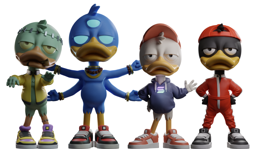 Four stylized Danger Valley duck characters standing together